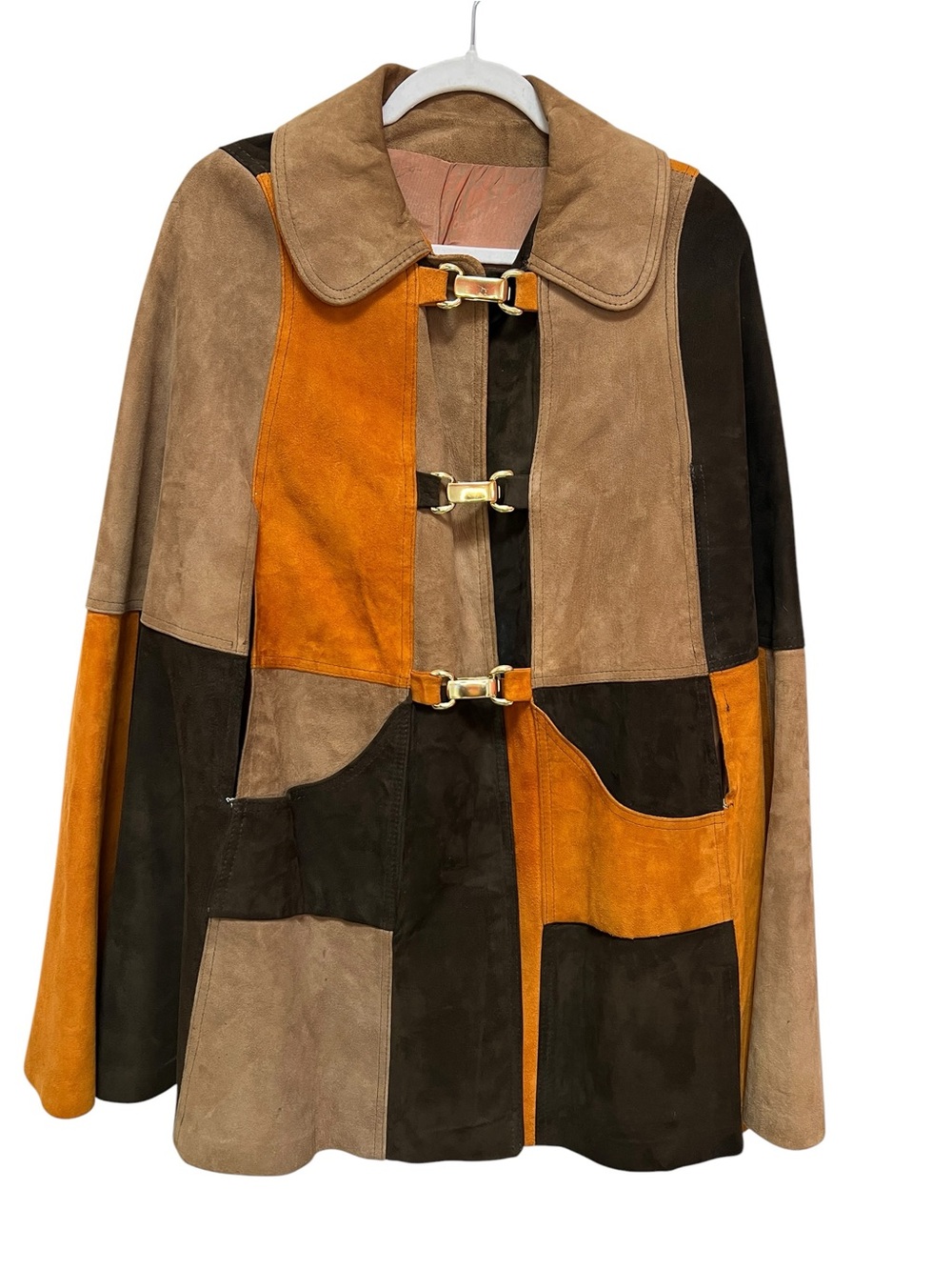 Vintage Suede Patchwork Cape w/ Gold Toggle Closure, Brown Orange, West Germany